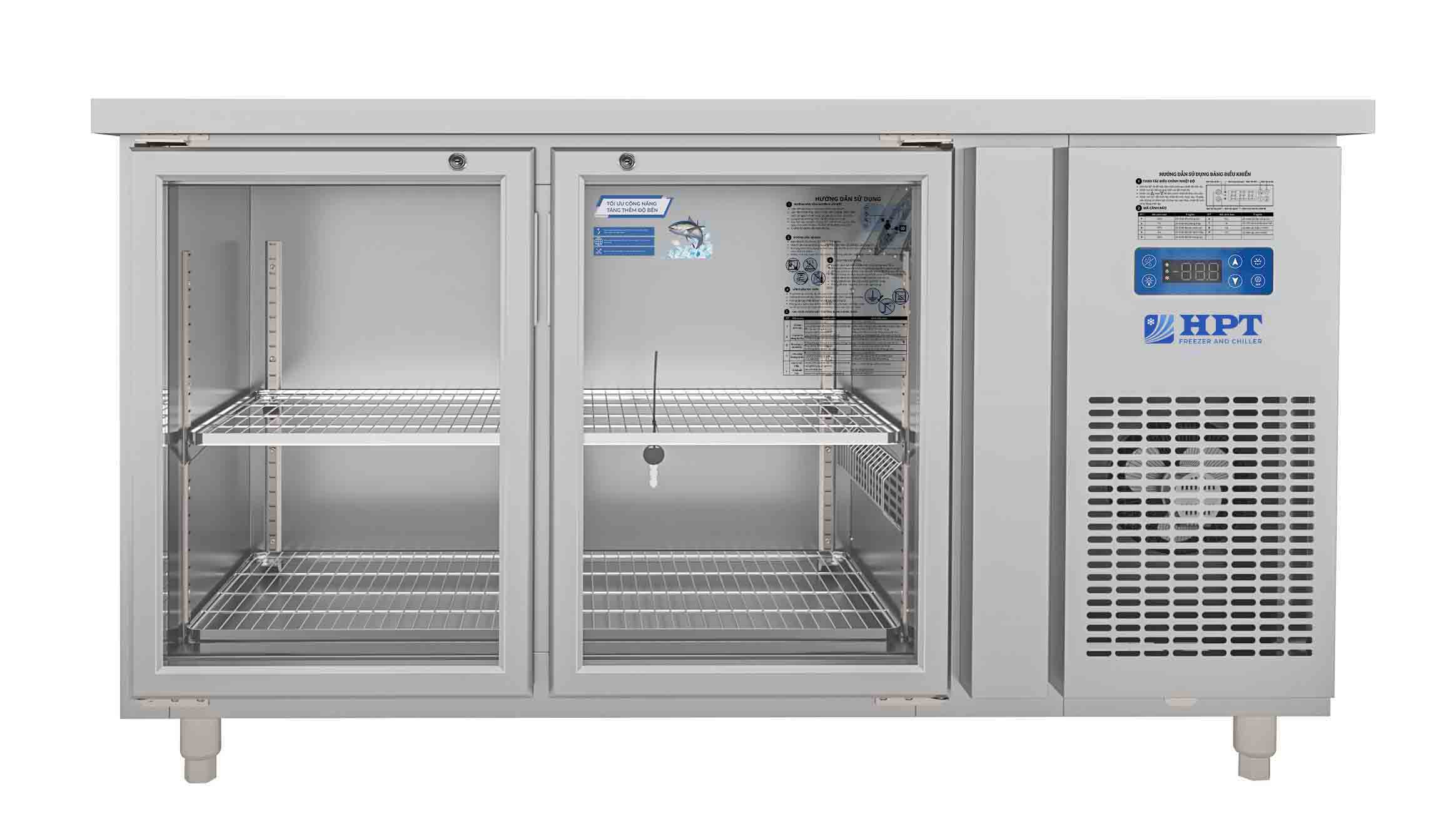 Tủ bàn mát quạt gió 2 cánh mở kính 1500x600x850