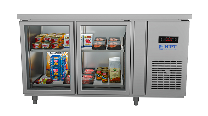 Tủ bàn mát quạt gió 2 cánh mở kính 1500x750x850