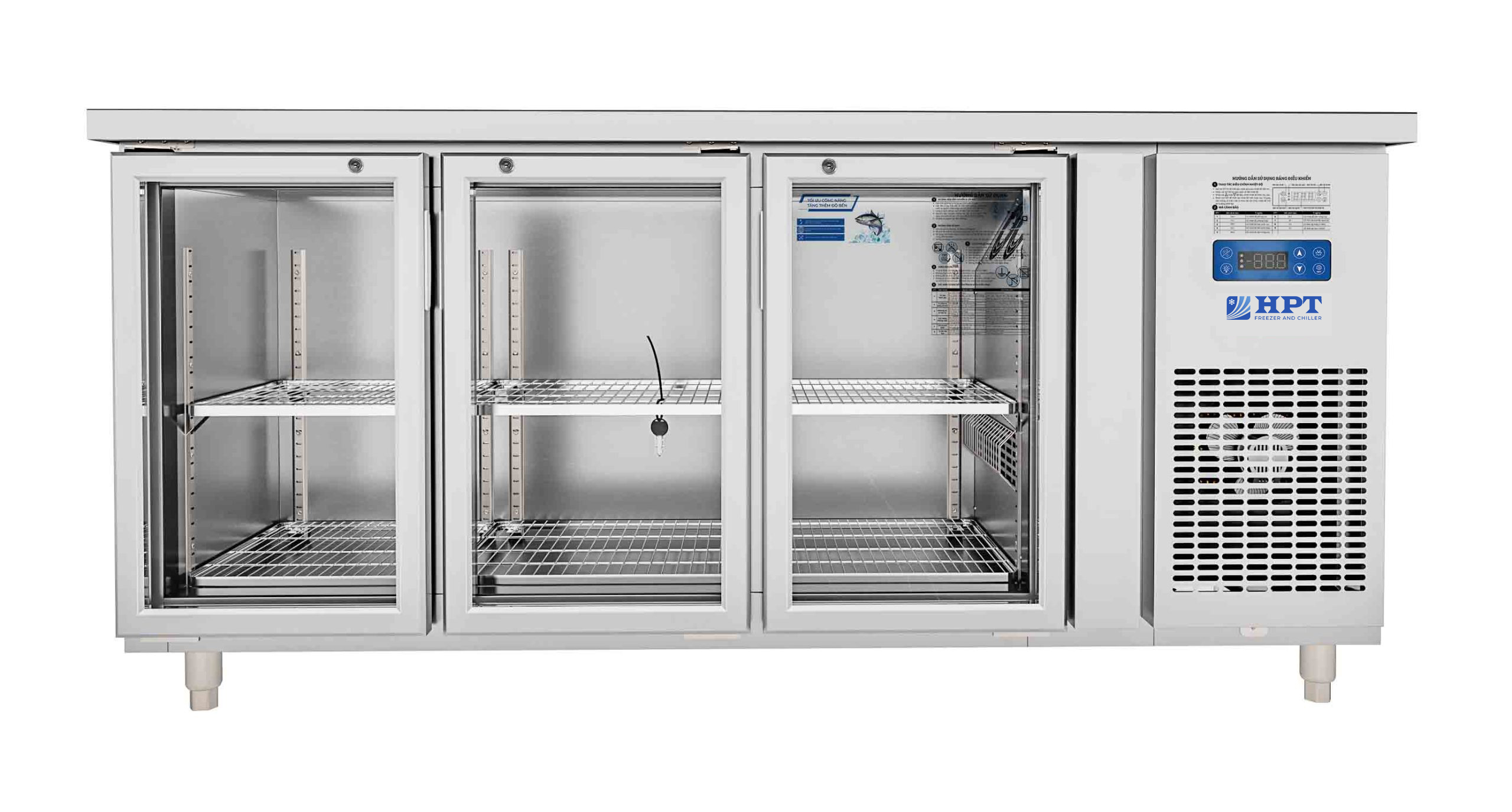 Tủ bàn mát quạt gió 3 cánh mở kính 1800x600x850